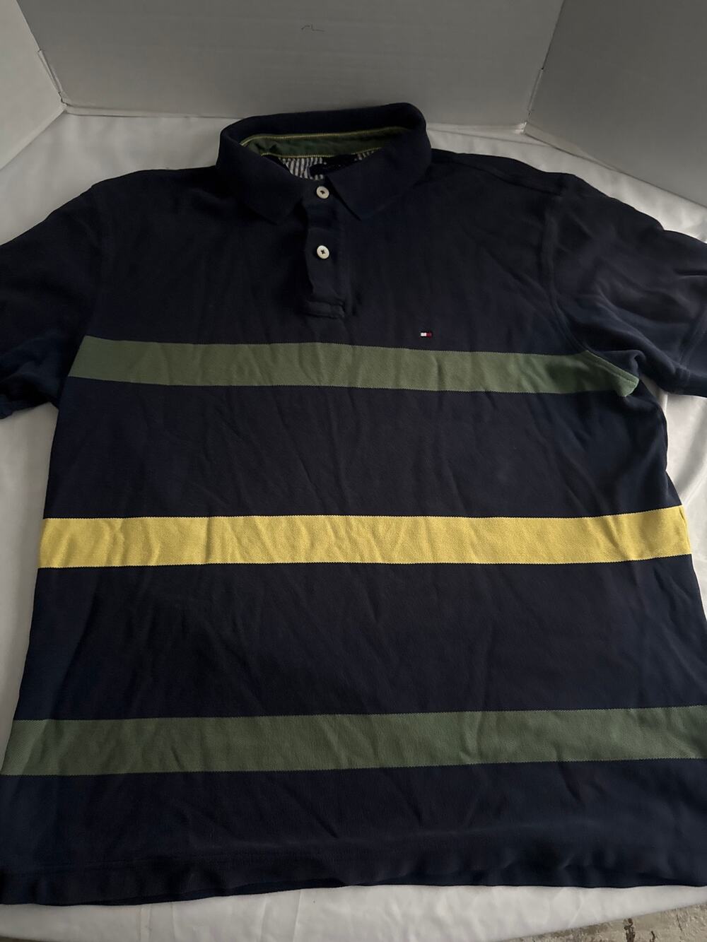 Tommy Hilfiger Mens XL Polo Shirt Navy Green Yellow Striped 100% Cotton Logo